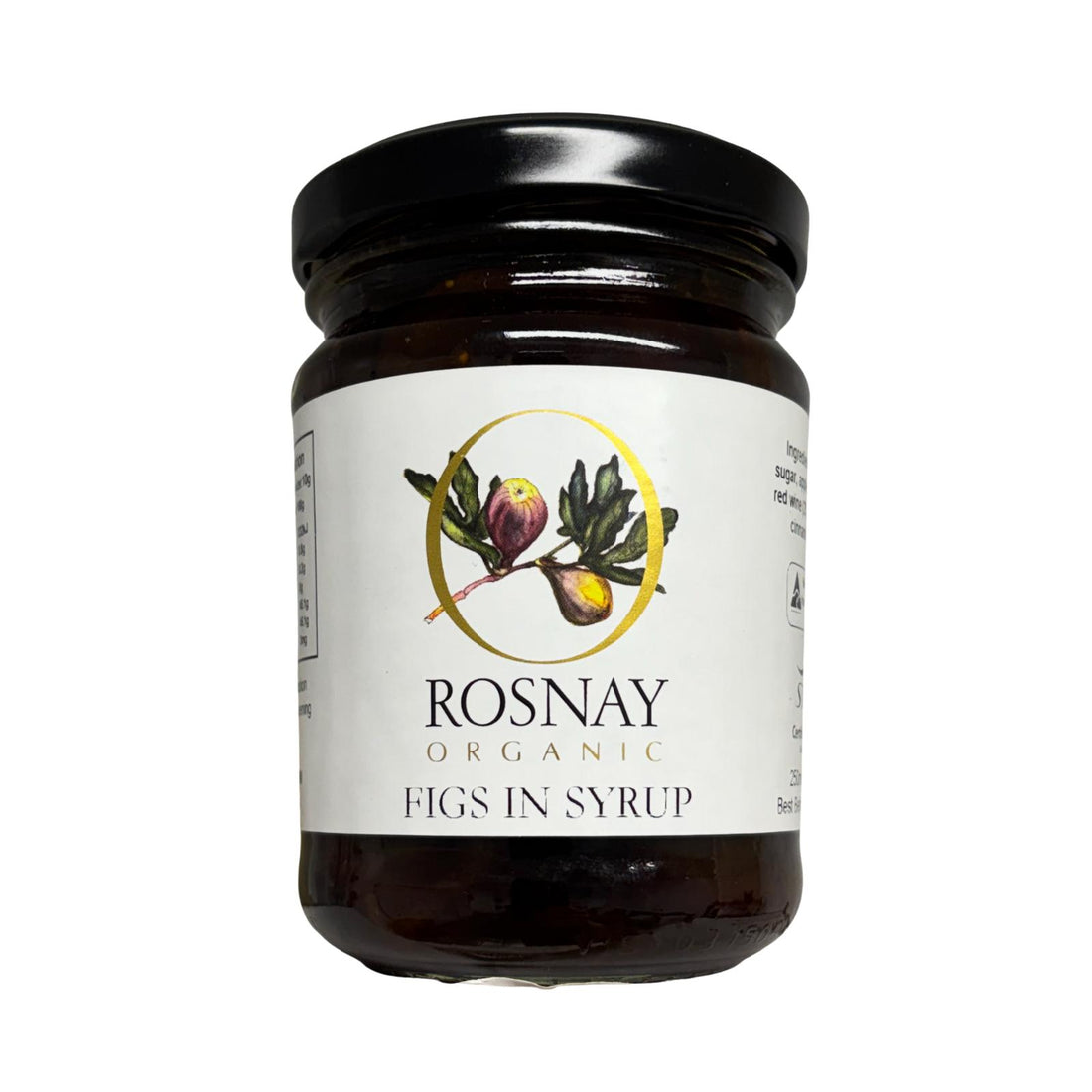 A Jar of Australian grown organic figs in syrup. Produced by Rosnay, sold by Sovereign foods.
