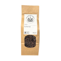 Kraft paper bag of Australian grown organic oil free sultanas with a visible window, branded Sovereign Foods.