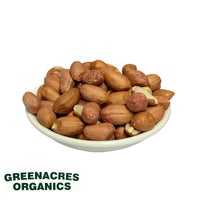 a bowl of Australian grown organic raw peanuts with the skin on. Grown by Greenacres Organic and sold by Sovereign foods an online retailer specialising in Australian grown organic bulk food staples