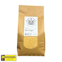 A bag of Australian grown organic raw sugar. This Australian grown organic sugar was produced by Bundaberg sugar and then repacked and sold by Sovereign Foods. An online retailer that supplies 100% Australian grown bulk foods