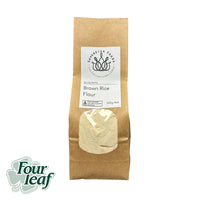 a bag of australian grown organic brown rice flour. This organic rice flour was milled by Four Leaf Milling in South Australia and is being sold by Sovereign Foods, an online supplier of Australian grown bulk foods and pantry produce