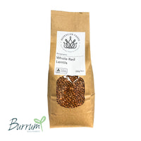 A bag of Australian grown organic red lentils. produced by Burrum Biodynamics