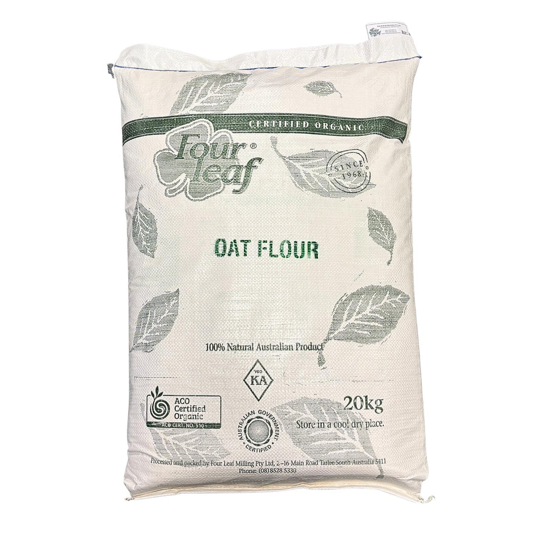 A bulk bag of Australian grown organic oat flour from Four Leaf Milling