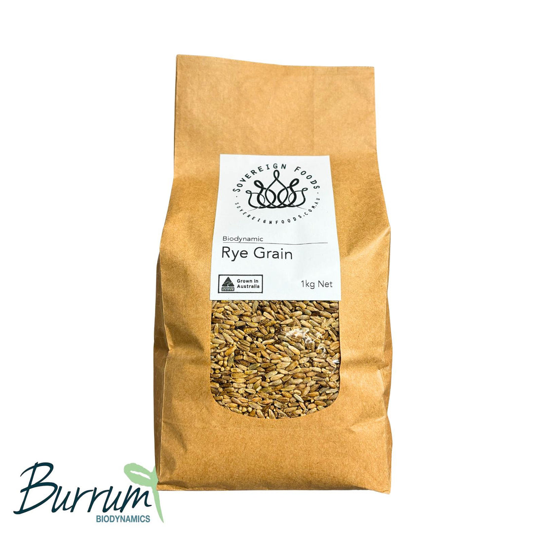 A bag of organic rye. Biodynamically grown by burrum biodynamics and sold by sovereign foods, an online supplier of Australian grown organic grain, pulse and flour.