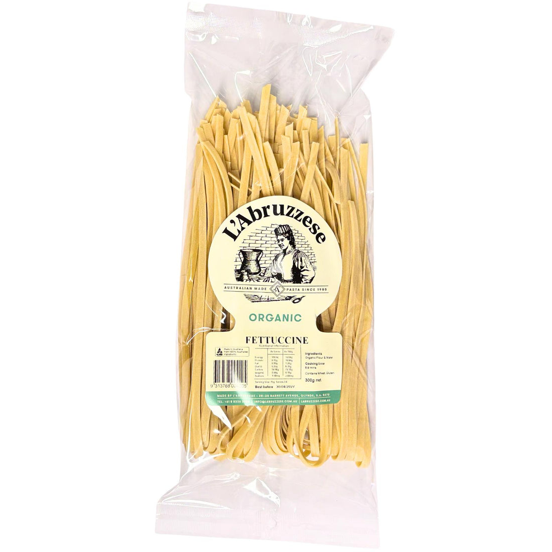 A pack of Australian made organic durum fettuccine wheat pasta. Made by L'Abruzzese from Australian grown durum wheat