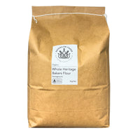 a 5kg kraft paper bag of organic heritage bakers flour grown by Paul Murphy and milled by Kialla Pure Foods