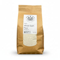 Bag ofAustralian grown organic whole spelt flour with a label on a white background