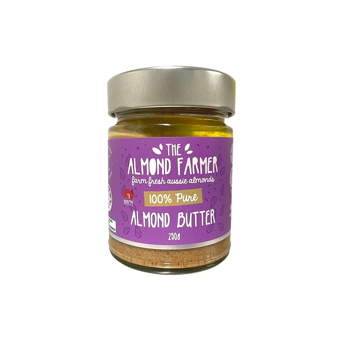 A Jar of The Almond Farmer Pure Almond Butter. Grown and produced by Casarosa Almonds in South Australia and sold by Sovereign Foods online  Brisbane