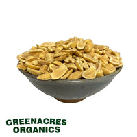a bowl of Australian grown organic roasted peanuts. Grown by Greenacres Organic and sold by Sovereign foods an online retailer specialising in Australian grown organic bulk food staples