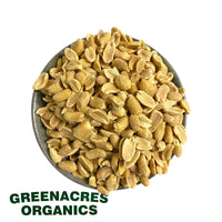 a bowl of Australian grown organic roasted peanuts. Grown by Greenacres Organic and sold by Sovereign foods an online retailer specialising in Australian grown organic bulk food staples
