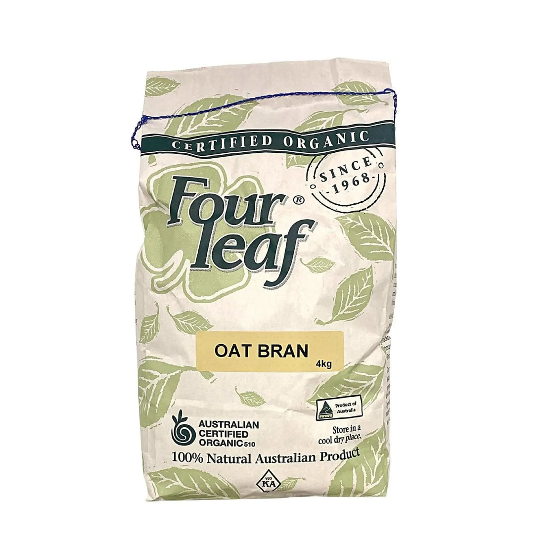 A 4kg bag of oat bran made from Australian grown oats. The oat bran was produced by Four Leaf Milling and sold by Sovereign Foods. Sovereign Foods is an online retailer that sells bulk goods exclusively from Australian growers.