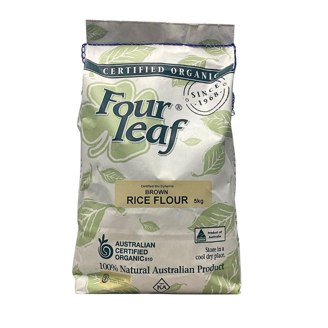 a bag of australian grown organic brown rice flour. This organic rice flour was milled by Four Leaf Milling in South Australia and is being sold by Sovereign Foods, an online supplier of Australian grown bulk foods and pantry produce