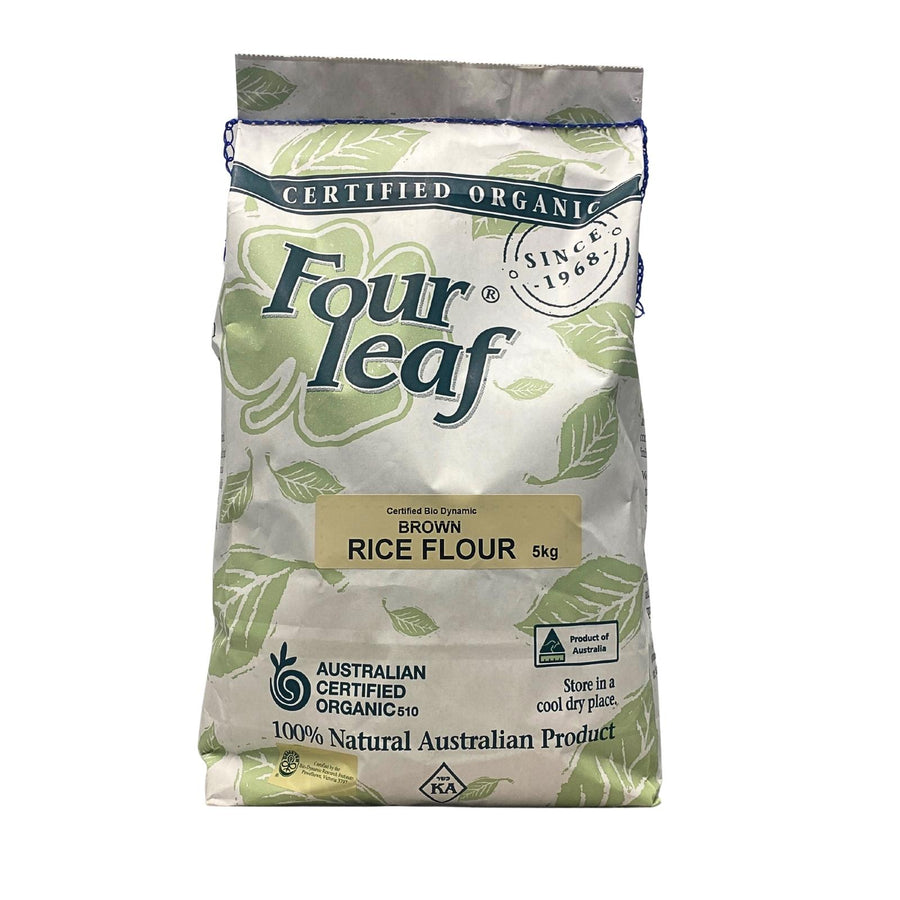 a bag of australian grown organic brown rice flour. This organic rice flour was milled by Four Leaf Milling in South Australia and is being sold by Sovereign Foods, an online supplier of Australian grown bulk foods and pantry produce