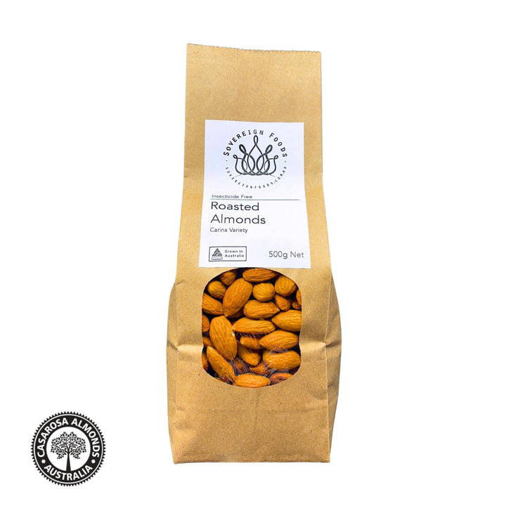 A bag of Australian grown chemical free almonds. These almonds were grown by Casarosa Almonds and repacked and sold by Sovereign Foods. Sovereign Foods is an online retail that sells exclusively Australian grown bulk foods and pantry products. 