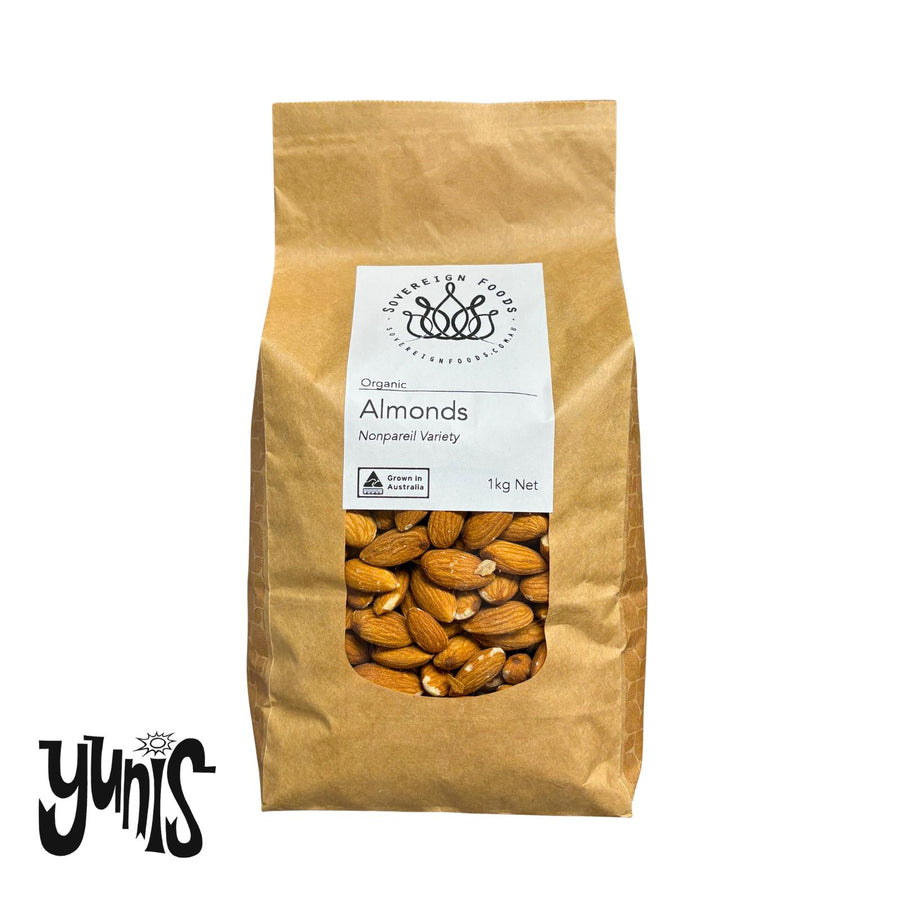 Bag of Australian grown organic almonds with a label on a white background