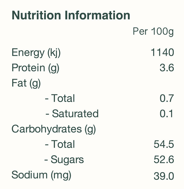 Nutrition panel for Rosnay's Australian grown dried figs. 