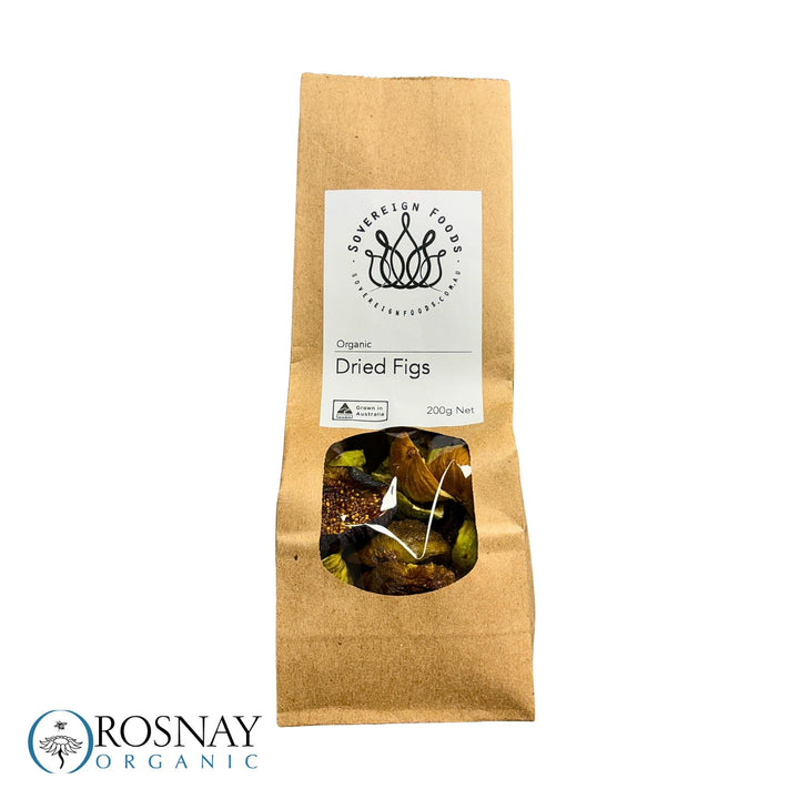 A bag of Australian-grown organic dried figs. Produced by Rosnay in NSW and sold By Sovereign Foods in QLD