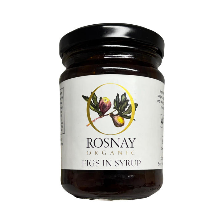 A Jar of Australian grown organic figs in syrup. Produced by Rosnay, sold by Sovereign foods. 