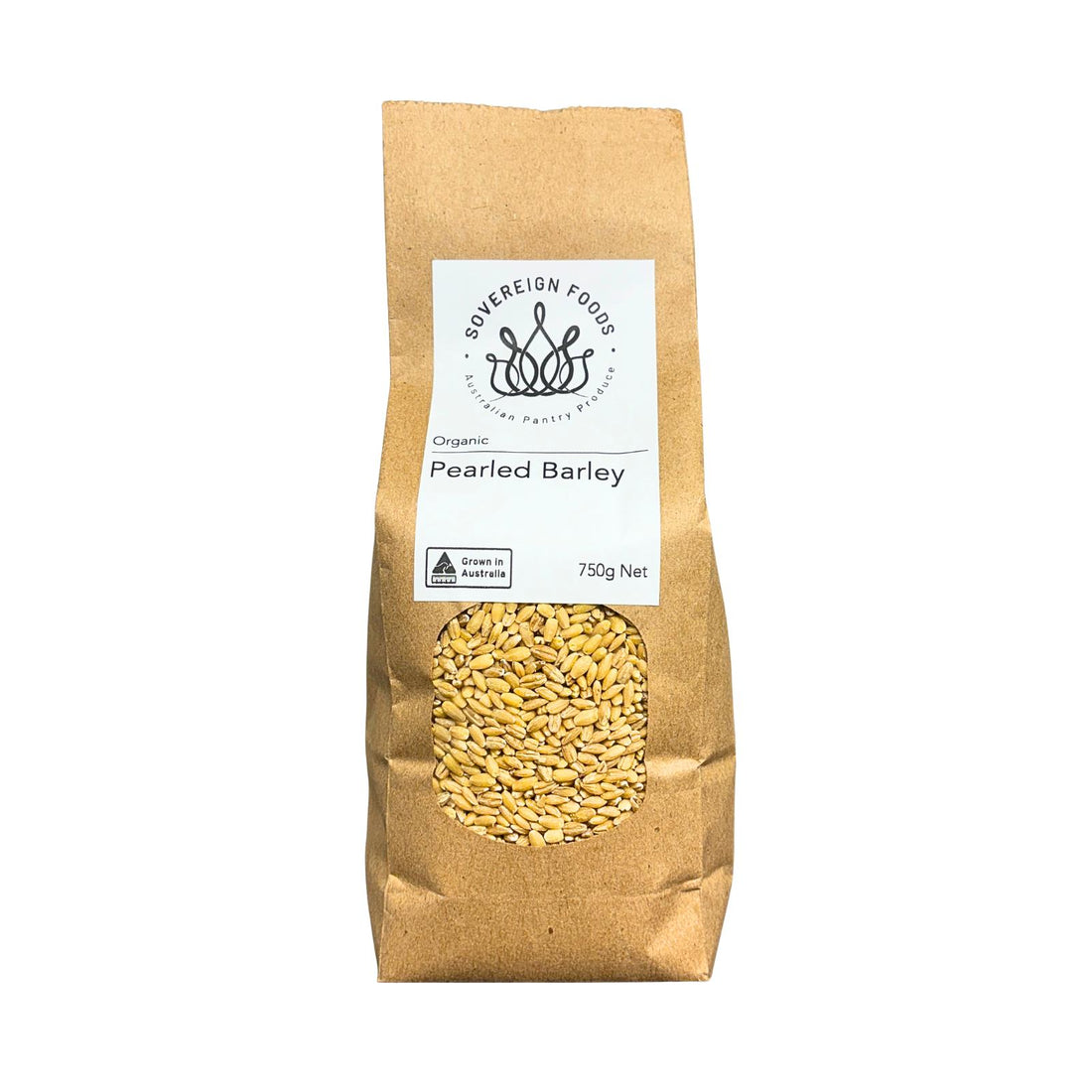 A bag of Australian grown organic pearled barley. 