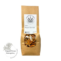 Bag of Australian grown Organic Pecan Kernels with Sovereign Foods label on a white background