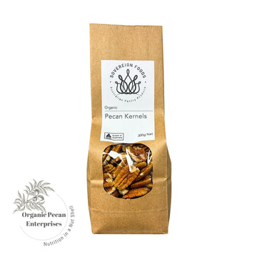 Bag of Australian grown Organic Pecan Kernels with Sovereign Foods label on a white background