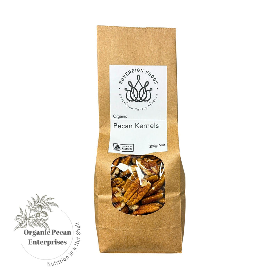 Bag of Australian grown Organic Pecan Kernels with Sovereign Foods label on a white background