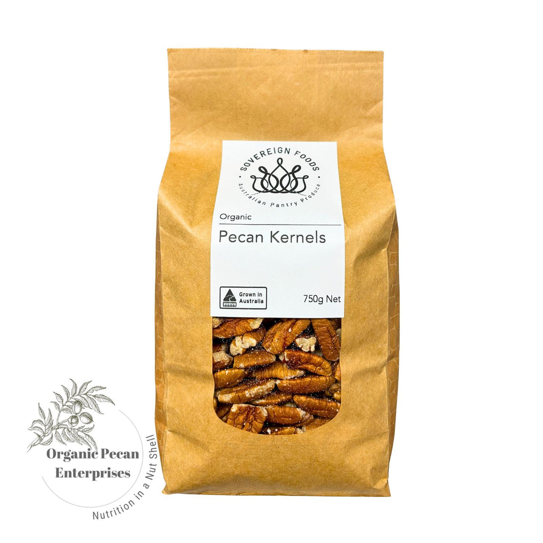 Bag of Australian grown organic pecan kernels with a visible label on a white background