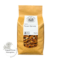 Bag of Australian grown organic pecan kernels with a visible label on a white background