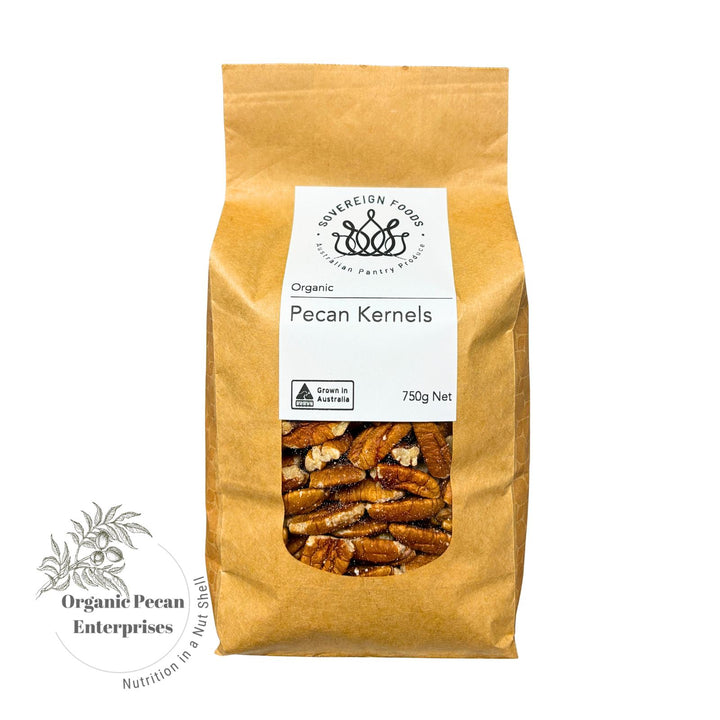Bag of Australian grown organic pecan kernels with a visible label on a white background