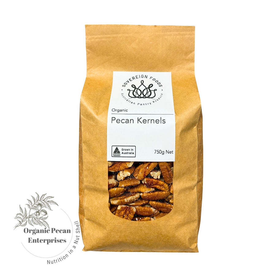 Bag of Australian grown organic pecan kernels with a visible label on a white background