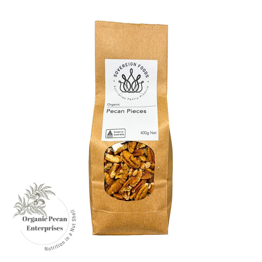 A bag of Australian grown organic pecans with 'Organic Pecan Enterprises' logo on a white background