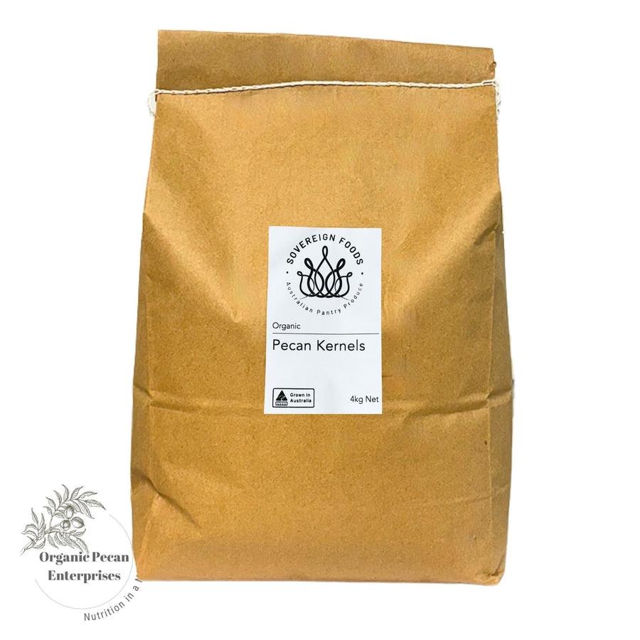 Bag of Australian grown organic pecan kernels with a label on a white background
