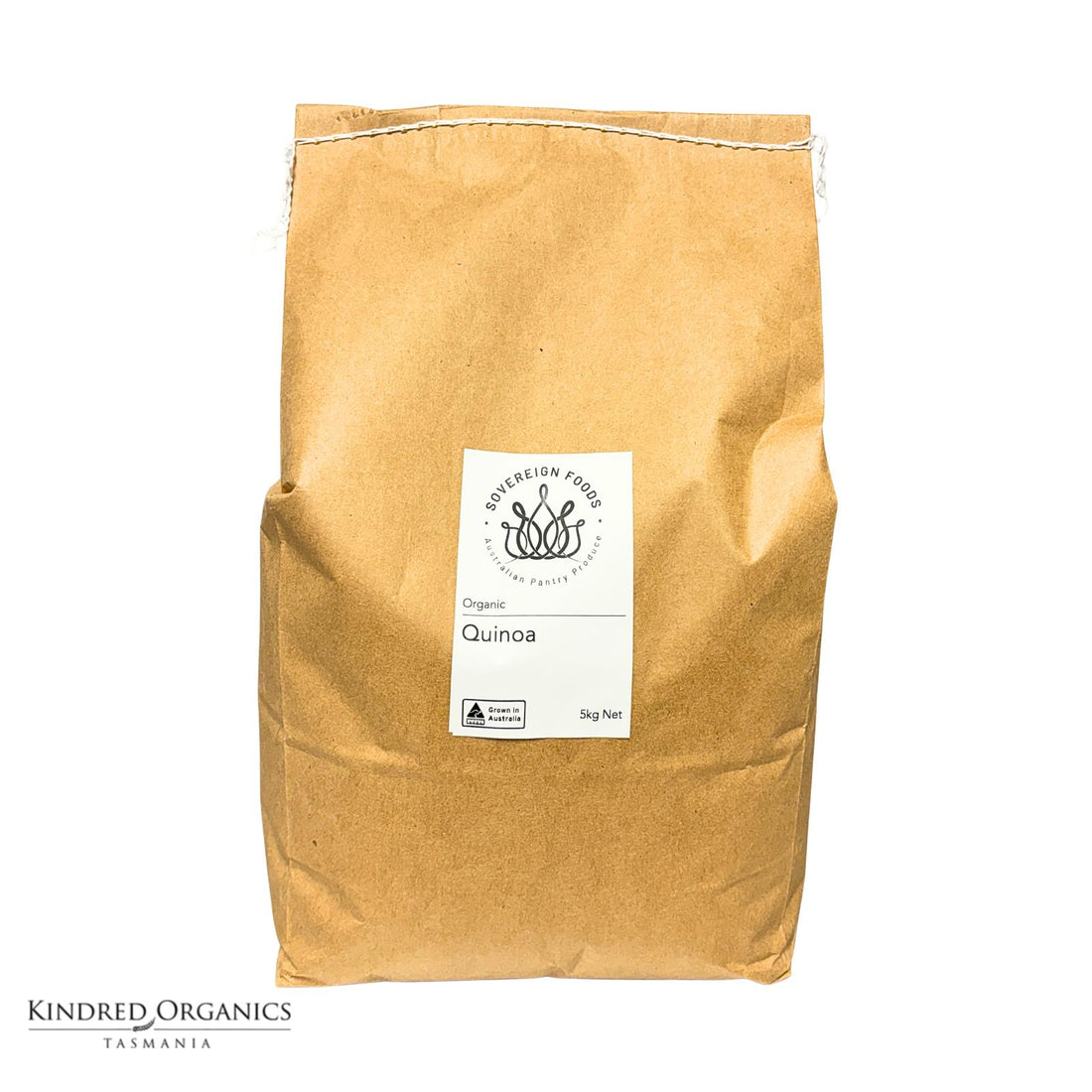 Kraft paper bag of Kindred Organics Tasmanian grown organic quinoa on a white background
