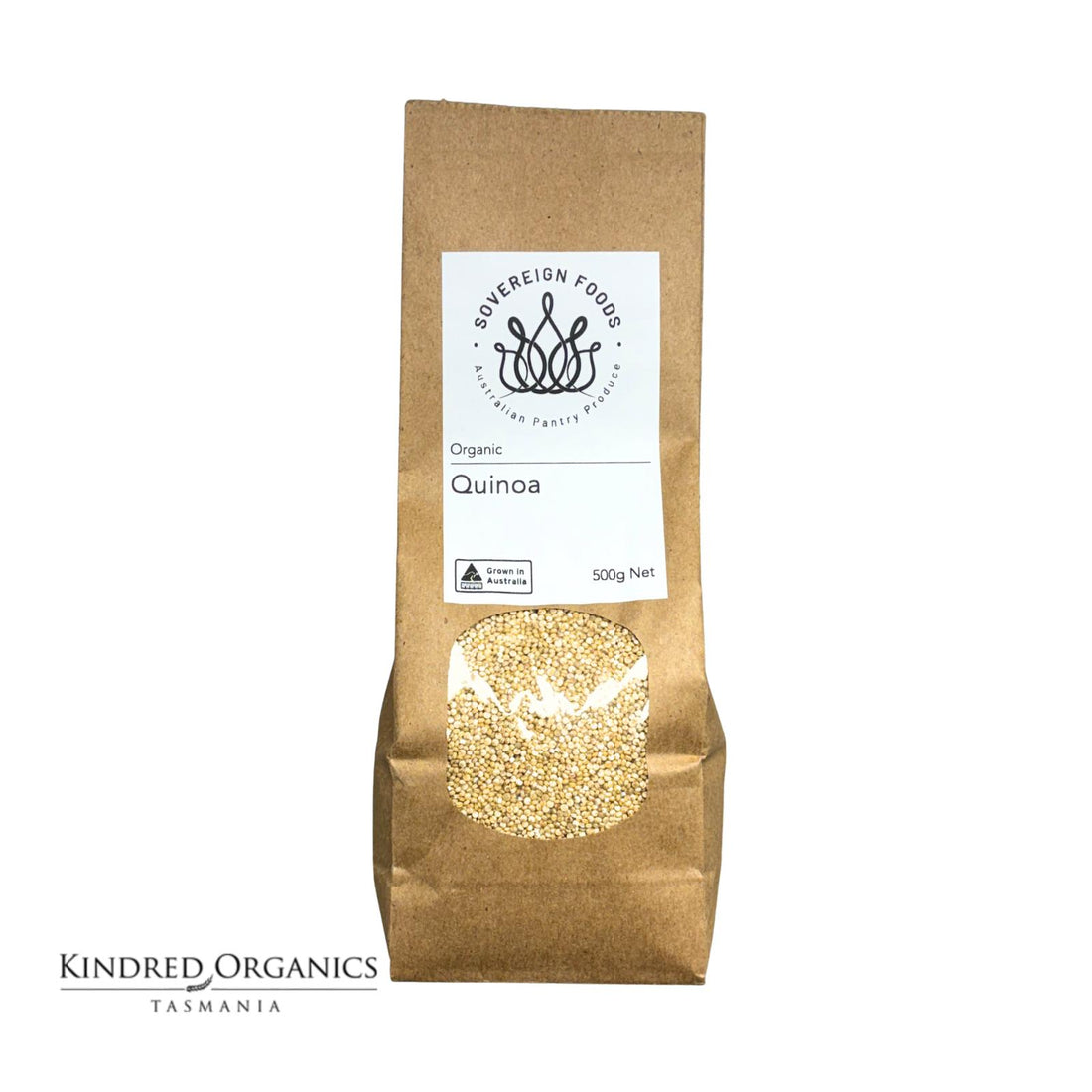 Kraft paper bag of Australian grown organic quinoa with Kindred Organics Tasmania branding on a white background