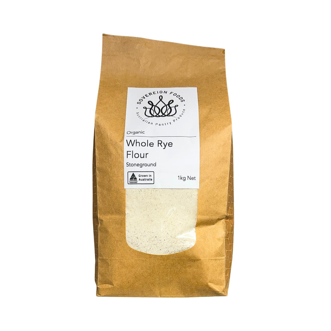 Australian grown organic rye flour in a Graft paper bag on a white background