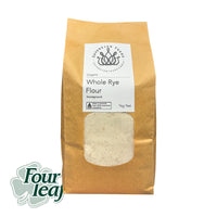 Bag of organic whole rye flour with a Four Leaf logo on a white background