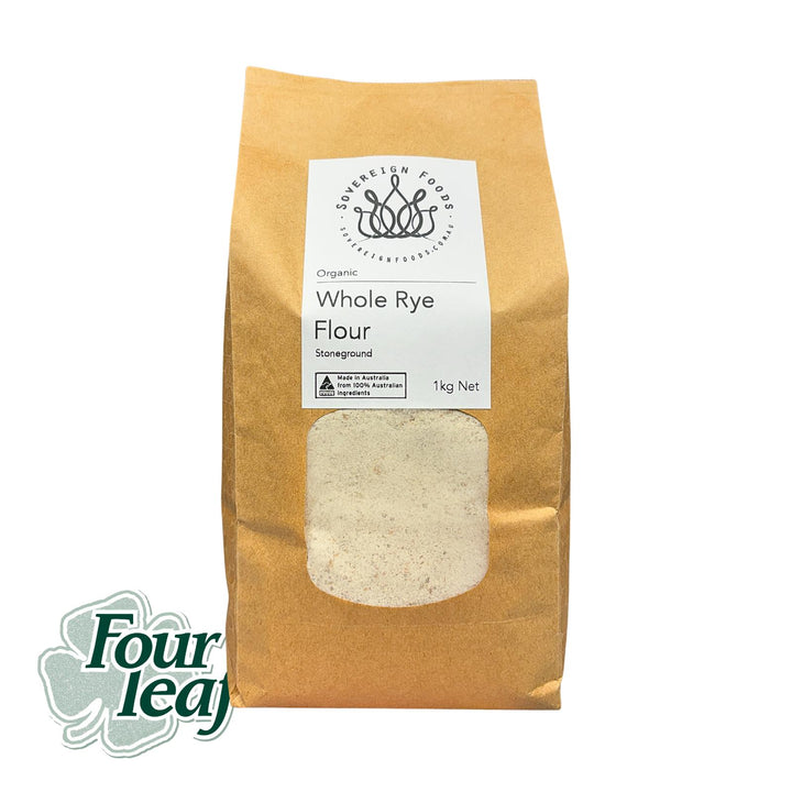 Bag of organic whole rye flour with a Four Leaf logo on a white background