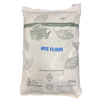 A bulk bag of Australian grown organic stoneground rye flour.