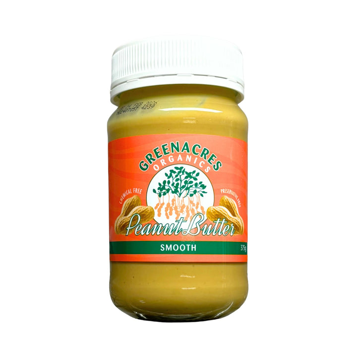 A jar of Australian grown organic smooth peanut butter. Produced by Greenacres Organics and sold by Sovereign Foods and Australian online retailer of Australian Grown organic bulk foods, grocery items and pantry produce