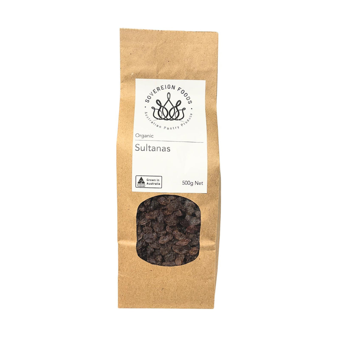 Kraft paper bag of Australian grown organic oil free sultanas with a visible window, branded Sovereign Foods. 