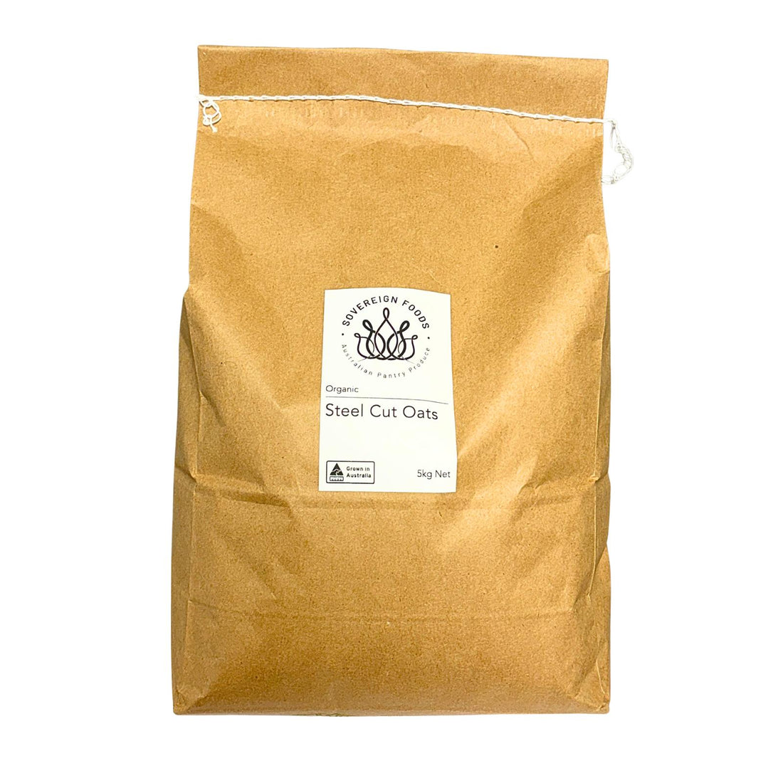 Brown paper bag of Australian grown steel cut oats with a label on a white background