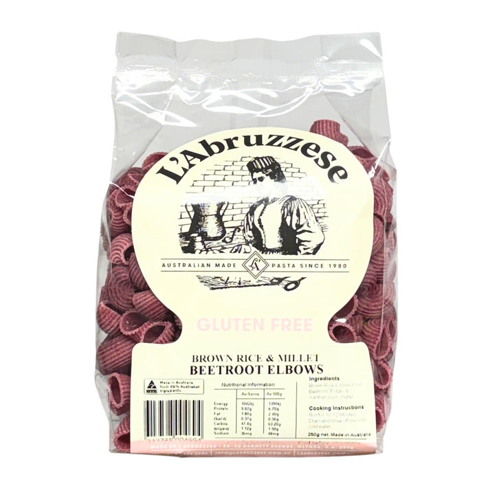 Packaged gluten-free brown rice and millet beetroot elbows pasta with L'Abruzzese branding.