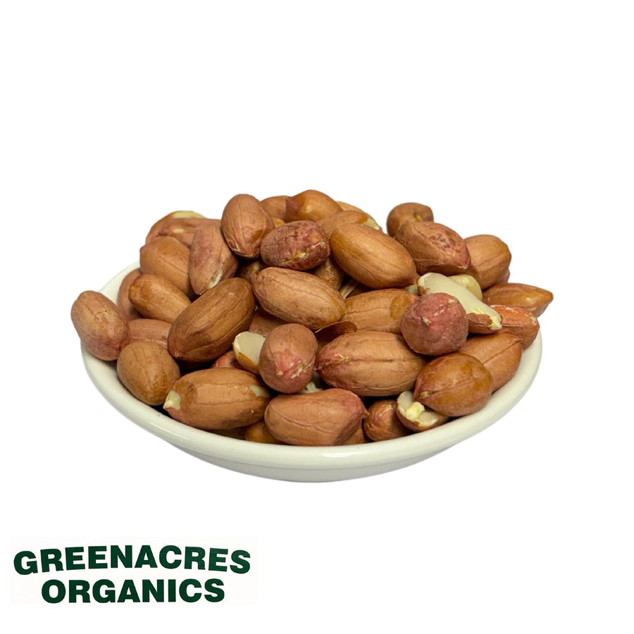 a bowl of Australian grown organic raw peanuts with the skin on. Grown by Greenacres Organic and sold by Sovereign foods an online retailer specialising in Australian grown organic bulk food staples