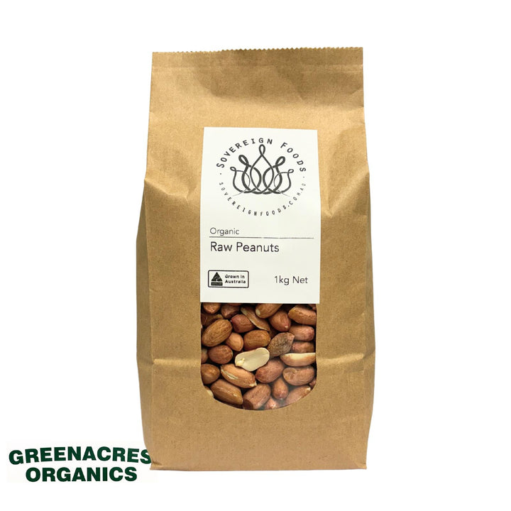 a bag of Australian grown organic raw peanuts with the skin on. Grown by Greenacres Organic and sold by Sovereign foods an online retailer specialising in Australian grown organic bulk food staples