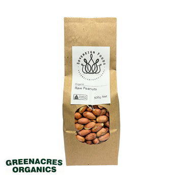 a bag of Australian grown organic raw peanuts with the skin on. Grown by Greenacres Organic and sold by Sovereign foods an online retailer specialising in Australian grown organic bulk food staples
