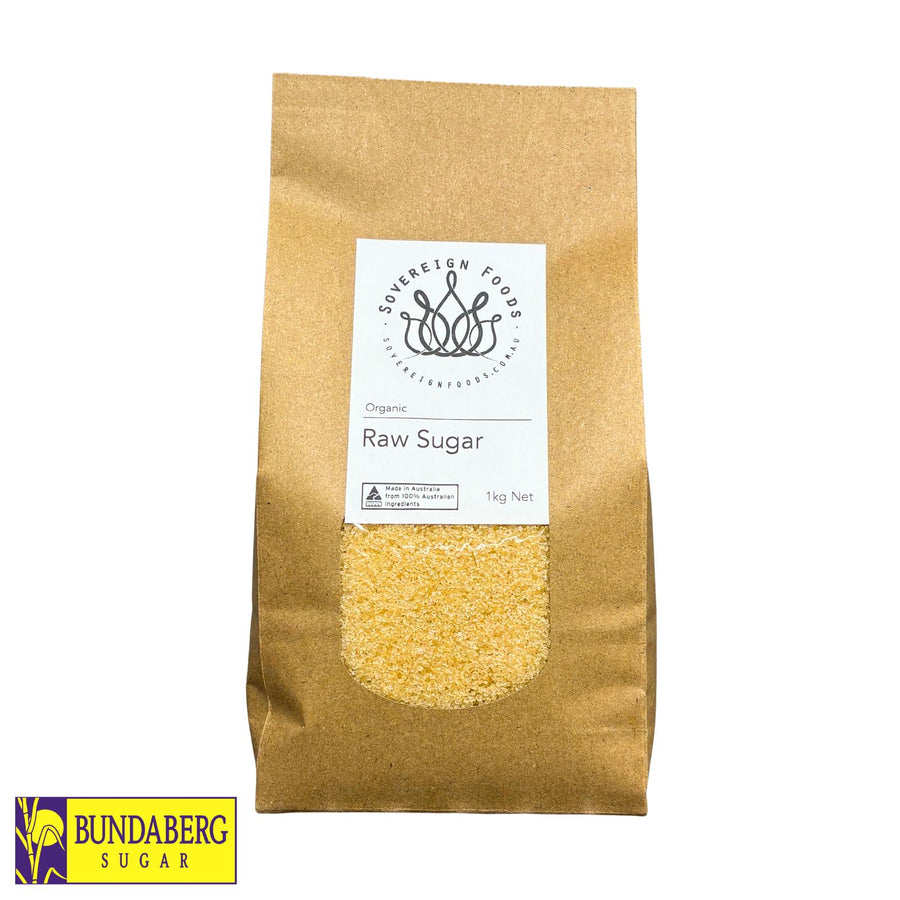 A bag of Australian grown  organic raw sugar. This Australian grown organic sugar was produced by Bundaberg sugar and then repacked and sold by Sovereign Foods. An online retailer that supplies 100% Australian grown bulk foods