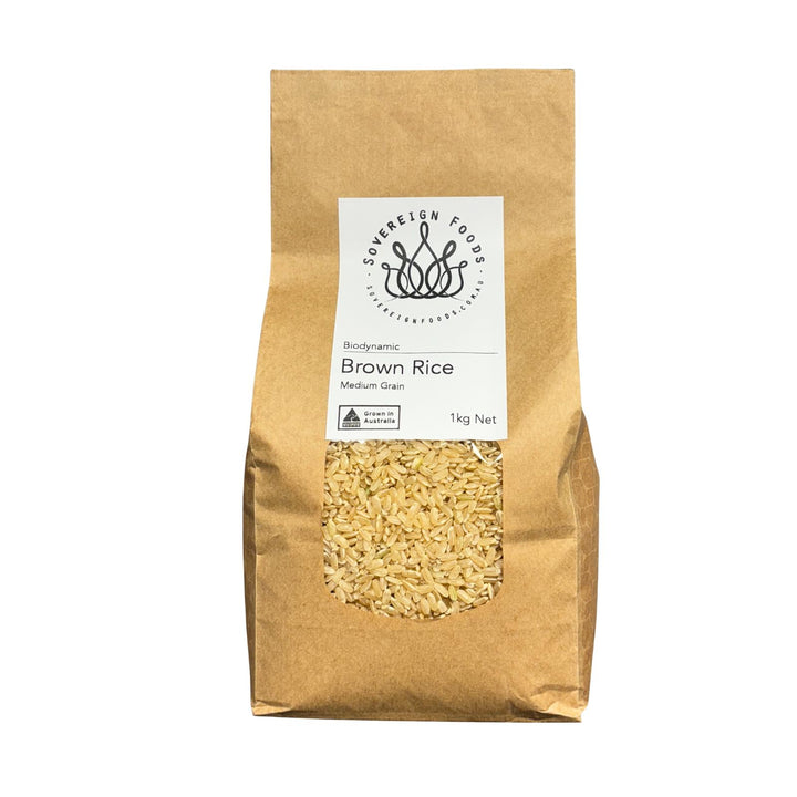 Australian grown brown rice in a biodegradable kraft paper bag