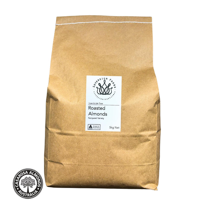 A 5kg bag of Australian grown chemical free almonds. These almonds were grown by Casarosa Almonds and repacked and sold by Sovereign Foods. Sovereign Foods is an online retail that sells exclusively Australian grown bulk foods and pantry products. 
