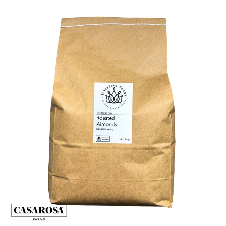 A 5kg bag of Australian grown chemical free roasted almonds from Casarosa Almonds, the almond farmer