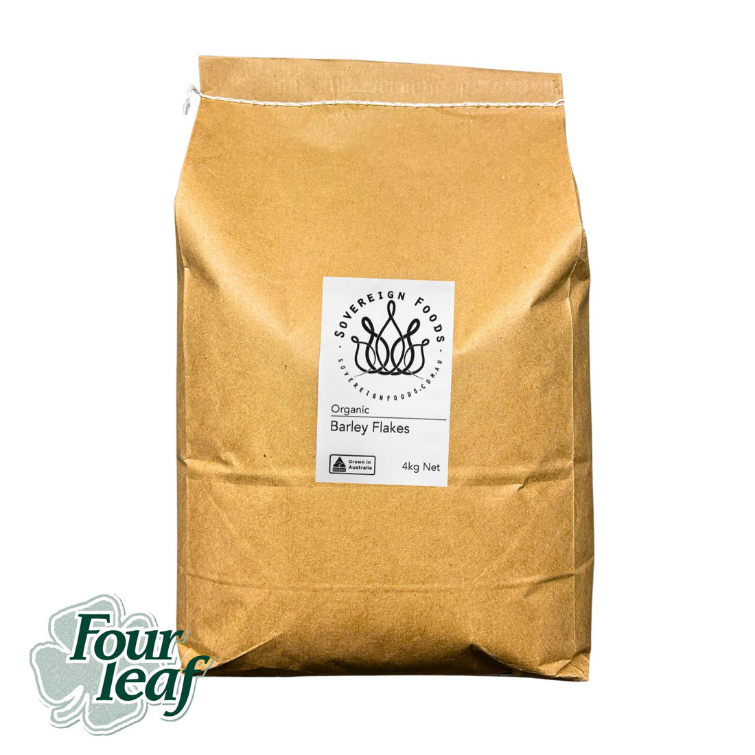 A bag of Australian Grown organic barley flakes from Sovereign foods, an online retailer specialising in Australian grown organic grain and pantry produce